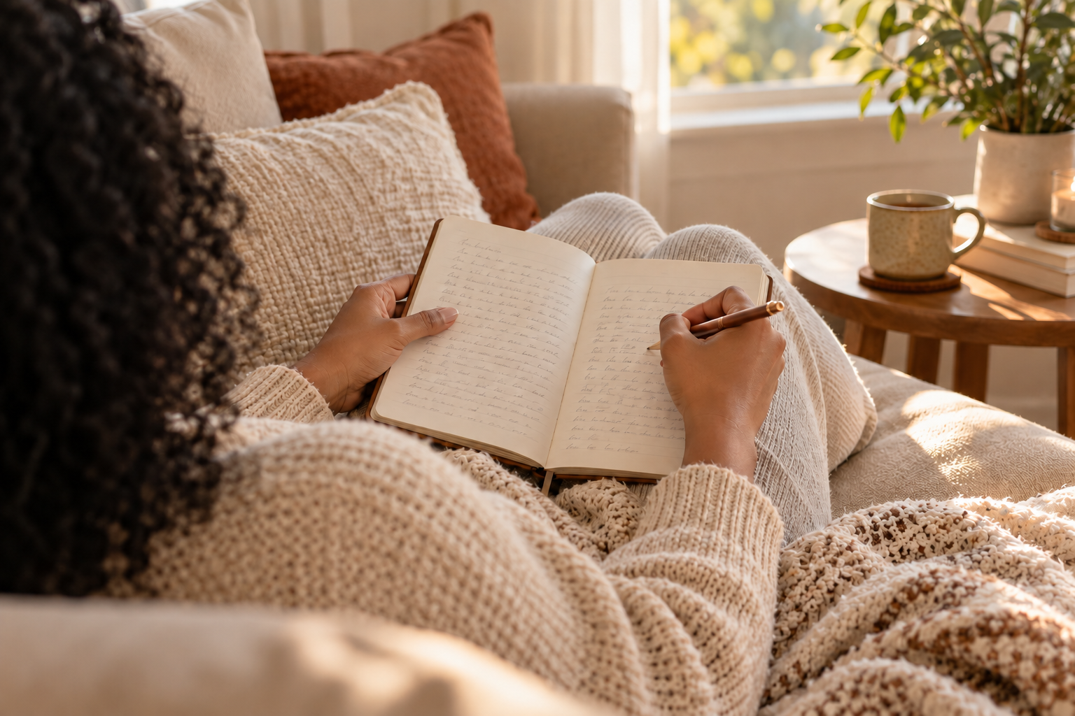 Woman writing in a journal on a beige sofa beside a sunlit window.