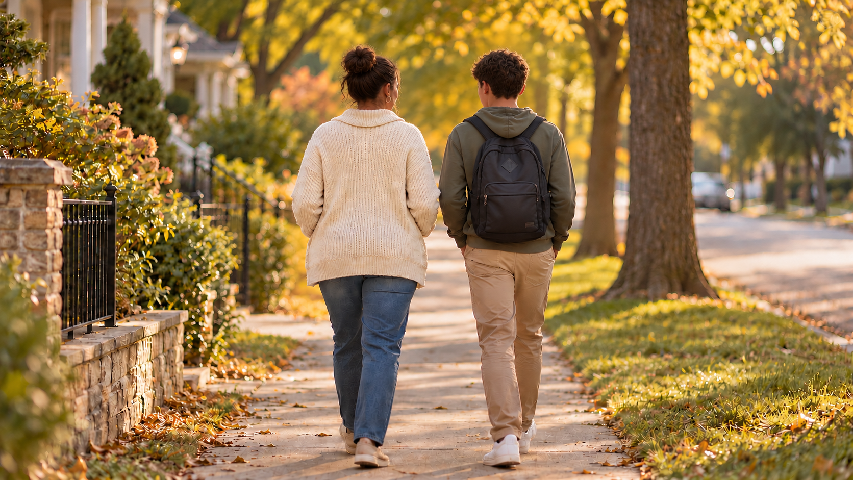 Mother and teenage son walking side by side along a sunlit neighborhood sidewalk, with the son carrying a school backpack.